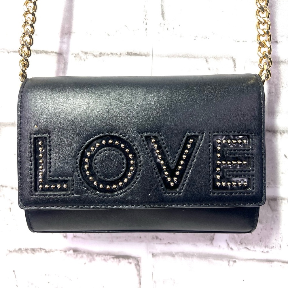 Michael Kors Black Leather 'LOVE' Studded Crossbody Bag with Gold Chain
